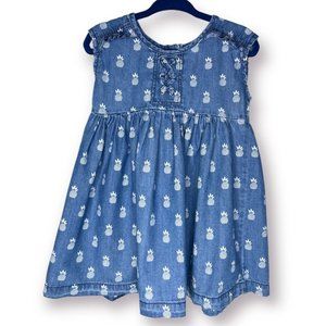 Guess Kids Blue Denim White Pineapple Sleeveless Ruffle Toddler Girls Dress 2T